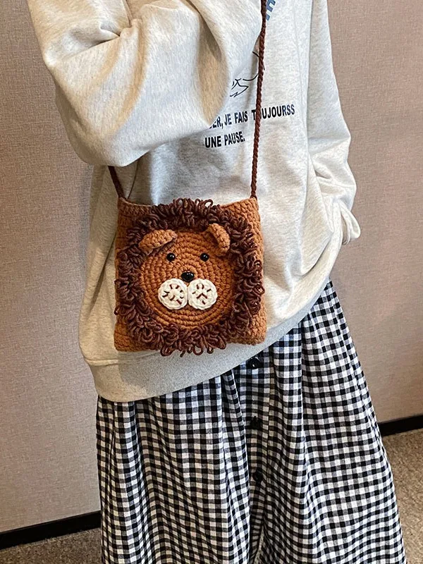 Сладък малък лъв чанта за момичета жените смешно мобилен телефон монета чанта зимата плетене рамо Crossbody чанта