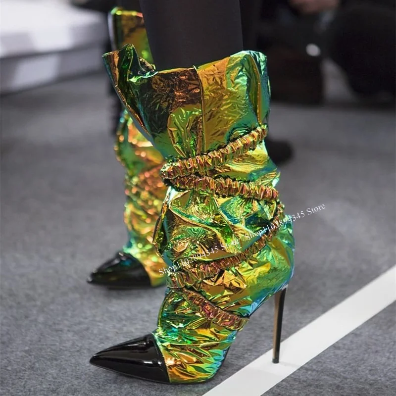 Смесен цвят каишка декор ботуши средата теле тънък висок ток заострени пръсти моден роман стил лято 2023 Дамски обувки Zapatillas Mujer