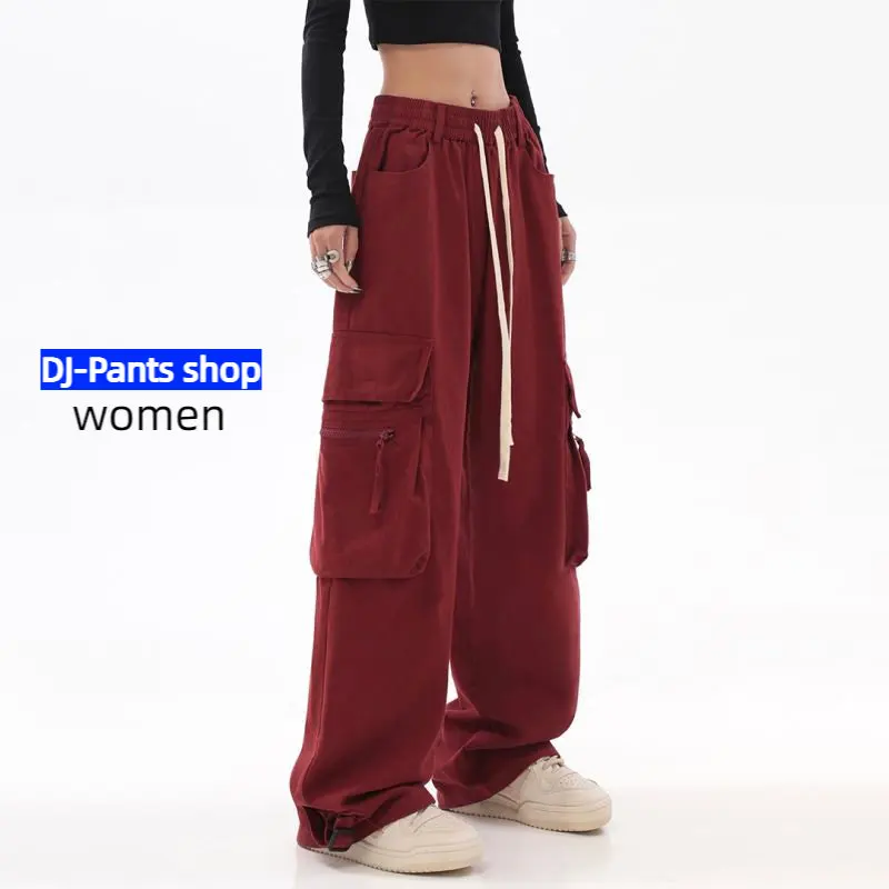 Улично облекло реколта хип-хоп извънгабаритни червени карго панталони жени шнур ластик хлабав широк крак Harajuku случайни панталони 2023