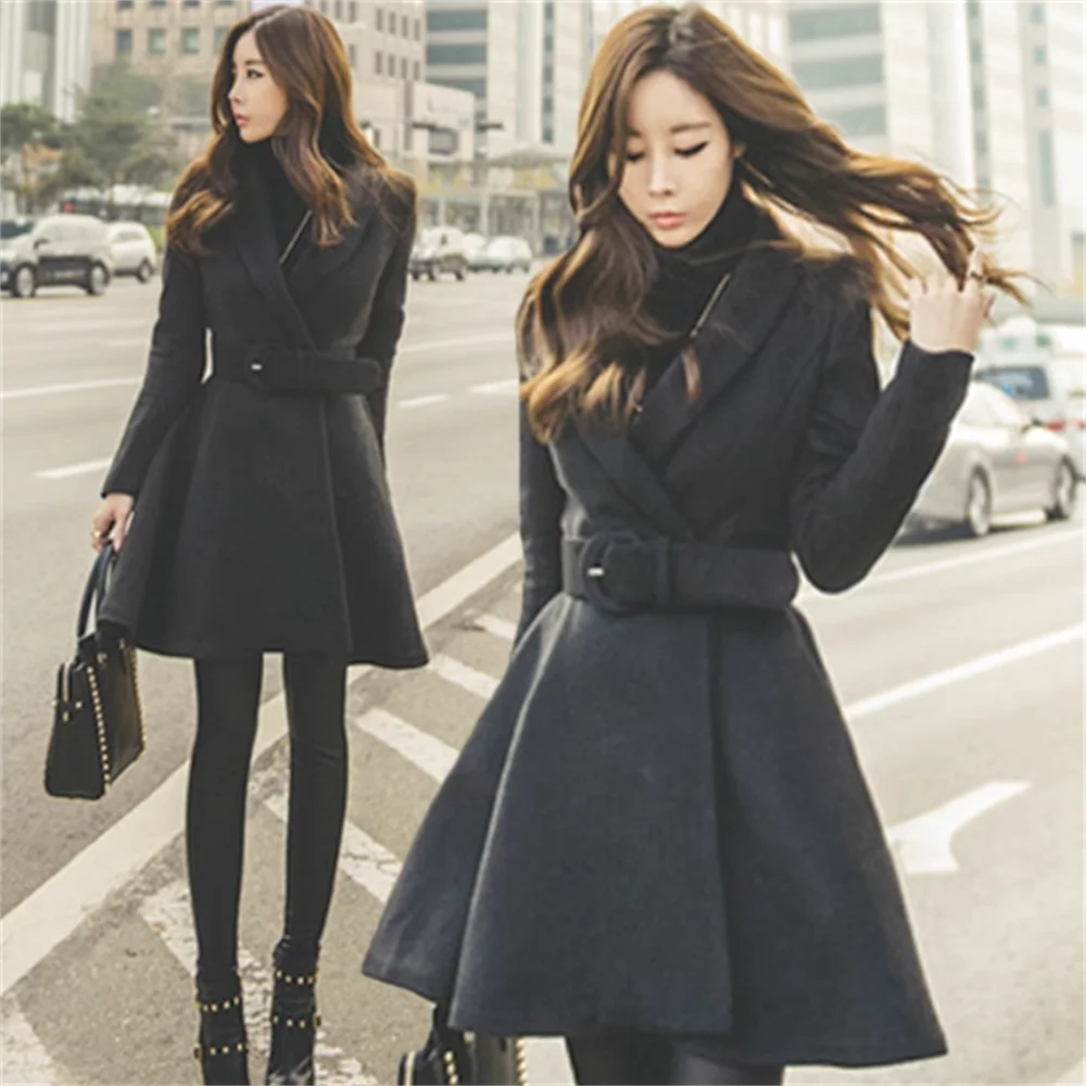 Черно вълнено палто жени дълго палто колан нова есен и зима удебелени