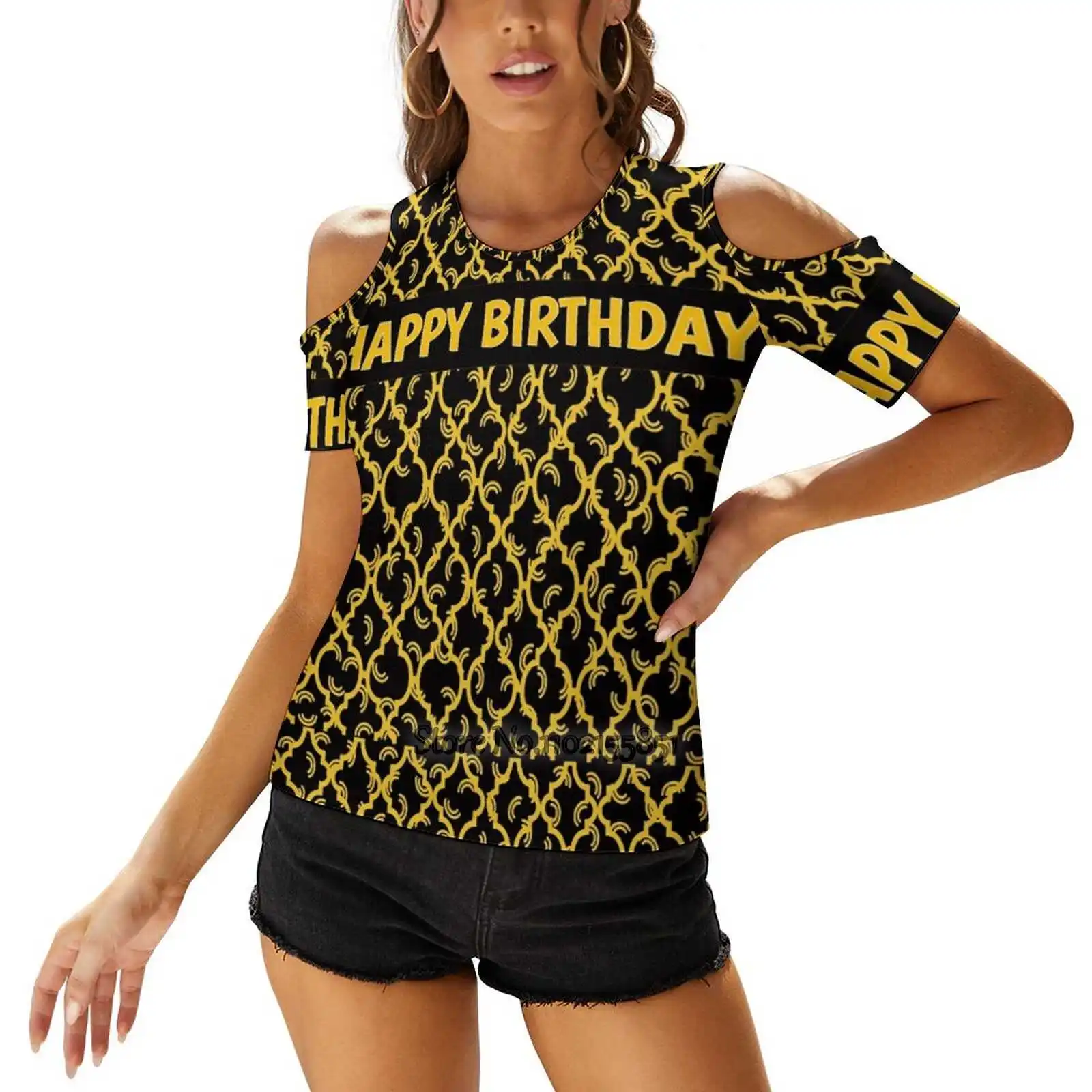Честит рожден ден - класически черно и златно / реколта жени тениска обратно връзване секси T ризи кухи пуловер отгоре декември