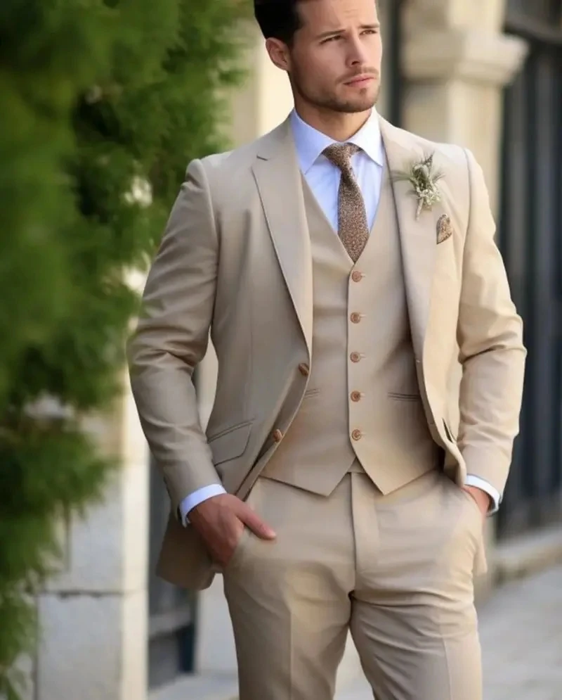 шампанско мъжки смокинг сватбени костюми за мъже по поръчка младоженец носят официална мода мъжки костюм абитуриентски парти Blazer + панталони + жилетка