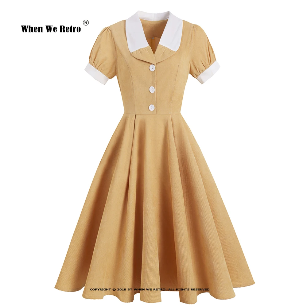 шик жълт Хепбърн стил реколта рокля шал яка бутон фронт къс ръкав памук а линия Midi рокля 1950-те години Лятна роба VD2839